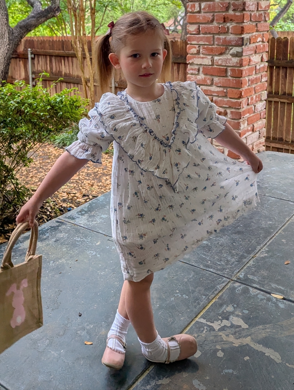 Hadas | White Floral Ruffle Baby Dress with Blue Trim - Picture 4 of 4